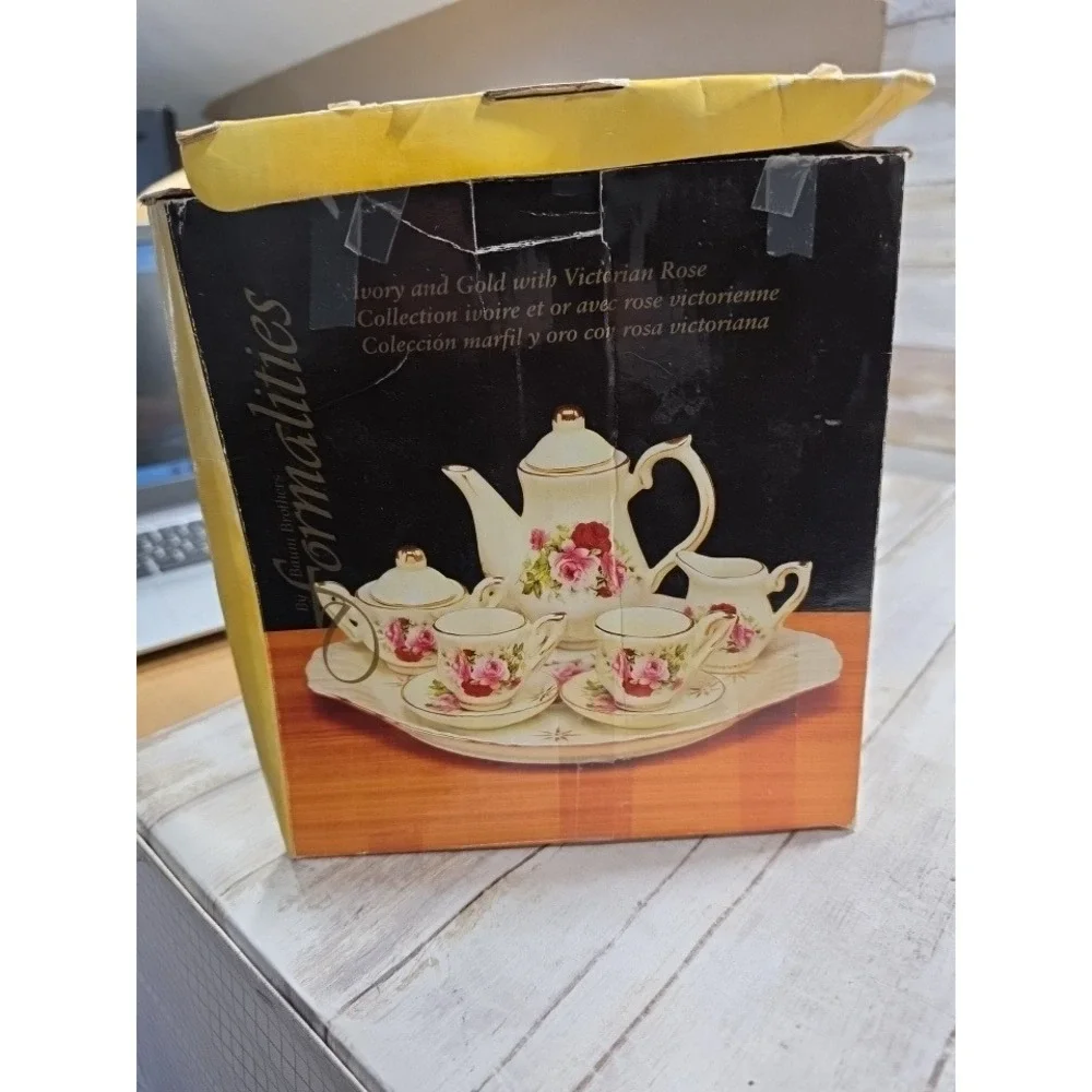 Formalities Baum Brothers Victorian Rose Miniature Tea Set Ivory Gold 9 pc. READ
